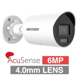 HIKVISION, 6MP AcuSense G2H HD-IP outdoor Mini Bullet camera w/ audio, White, 4.0mm fixed lens, 40m IR, WDR, Microphone, 1/2.4” CMOS, H.265+, IP67, Tri-axis, 12V DC/POE