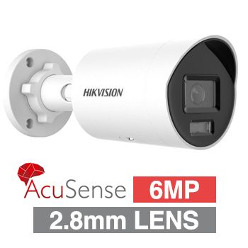 HIKVISION, 6MP AcuSense G2H HD-IP outdoor Mini Bullet camera w/ audio, White, 2.8mm fixed lens, 40m IR, WDR, Microphone, 1/2.4” CMOS, H.265+, IP67, Tri-axis, 12V DC/POE