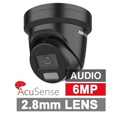 HIKVISION, 6MP AcuSense G2 HD-IP outdoor Turret camera w/ 2-way audio, strobe & audible alarm (LiveGuard), Black, 2.8mm fixed lens, 30m IR, WDR, Microphone, I/O (Alarm & Audio), IP67, 12V DC/POE