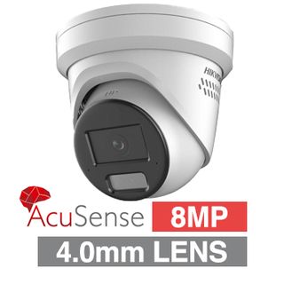 HIKVISION, 8MP Hybrid AcuSense G2 HD-IP Turret camera w/ 2-way audio, strobe & audible alarm (LiveGuard), White, 4.0mm fixed F1.0 lens, 30m IR, WDR, Microphone, I/O (Alarm & Audio), IP67, 12V DC/POE