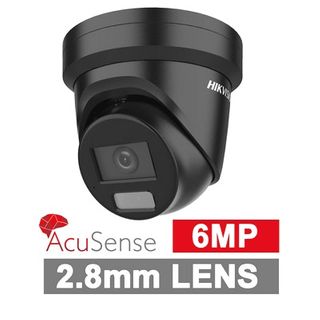 HIKVISION, 6MP AcuSense G2H HD-IP outdoor Turret camera w/ audio, Black, 2.8mm fixed lens, 30m IR, WDR, Microphone, 1/2.4” CMOS, H.265+, IP67, Tri-axis, 12V DC/POE