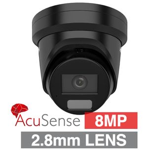 HIKVISION, 8MP AcuSense G2 HD-IP outdoor Turret camera w/ audio, Black, 2.8mm fixed lens, 30m IR, WDR, Microphone, 1/1.8” CMOS, H.265+, IP66, Tri-axis, 12V DC/POE