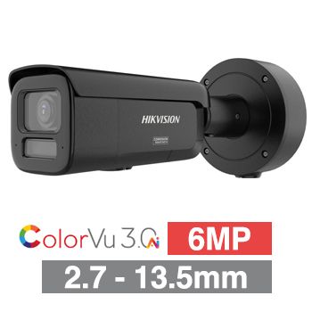 HIKVISION, 6MP AcuSense ColorVu G3 Dual Illumination outdoor Bullet camera, Black, 2.7-13.5mm motorised zoom lens, 60m IR/White Light, WDR, 1/1.8” CMOS, H.265+, IP66, IK10, Tri-axis, 12V DC/POE