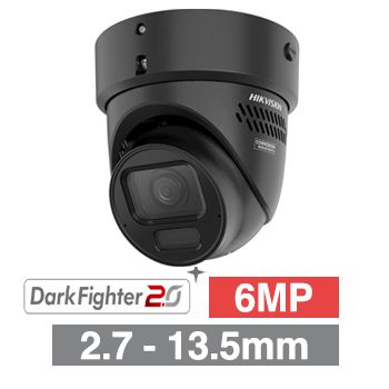 HIKVISION, 6MP AI Smart Hybrid ColorVu G3 Dual Illumination outdoor Turret camera, Black, 2.7-13.5mm motorised zoom lens, 60m IR/White Light, WDR, 1/1.8” CMOS, H.265+, IP66, IK10, Tri-axis, 12V DC/POE