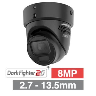 HIKVISION, 8MP AI Smart Hybrid ColorVu G3 Dual Illumination outdoor Turret camera, Black, 2.7-13.5mm motorised zoom lens, 60m IR/White Light, WDR, 1/1.8” CMOS, H.265+, IP66, IK10, Tri-axis, 12V DC/POE