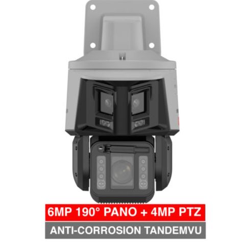 HIKVISION, Anti-Corrosion TandemVu, 6MP HD (190 degree Panoramic) & 4MP PTZ Camera, Silver, 2.8mm fixed lens (190 deg.) & 32X PTZ, 30m white light/150m IR, 1/2.5" CMOS, H.265+, IP67, 12V DC/ PoE