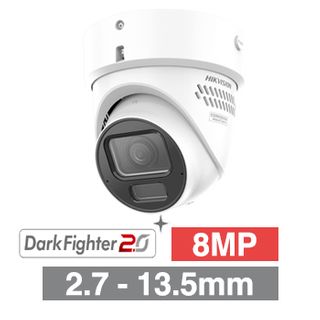 HIKVISION, 8MP AI Smart Hybrid ColorVu G3 Dual Illumination outdoor Turret camera, White, 2.7-13.5mm motorised zoom lens, 60m IR/White Light, WDR, 1/1.8” CMOS, H.265+, IP66, IK10, Tri-axis, 12V DC/POE