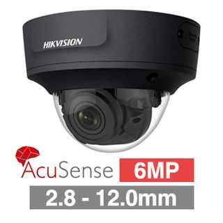 HIKVISION, 6MP AcuSense G2 HD-IP outdoor Vandal Dome camera, Black, 2.8-12mm motorised zoom lens, 40m IR, WDR, I/O (Alarm & Audio), 1/2.4&rdquo; CMOS, H.265+, IP66, IK10, Tri-axis, 12V DC/POE