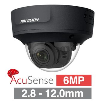 HIKVISION, 6MP AcuSense G2 HD-IP outdoor Vandal Dome camera, Black, 2.8-12mm motorised zoom lens, 40m IR, WDR, I/O (Alarm & Audio), 1/2.4&rdquo; CMOS, H.265+, IP66, IK10, Tri-axis, 12V DC/POE