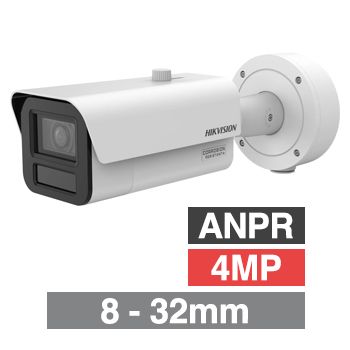 HIKVISION, 4MP DeepinView HD-IP outdoor ANPR Bullet camera, White, 8-32mm motorised zoom lens, 100m IR, WDR, I/O (Alarm & Audio), Wiegand output, 1/1.8&rdquo; CMOS, H.265+, IP67, IK10, 12V DC/POE