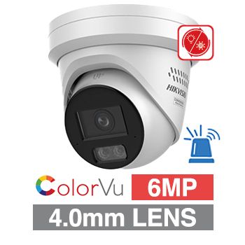 HIKVISION, 6MP AI Smart Hybrid ColorVu G3 HD-IP outdoor Turret camera w/2-way audio, strobe & audible alarm (LiveGuard), White, 4.0mm lens, 30m IR/White LED, WDR, I/O (Alarm & Audio), IP67, 12V DC/POE