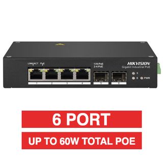 HIKVISION, 6 Port Industrial POE network switch, Non-managed, 4x 10/100Mbps PoE ports (1x Hi-PoE), 1x 1000Mbps uplink, 1x SFP Uplink port,Total POE power up to 60W, IEEE802.3af/at, 48-57V DC,