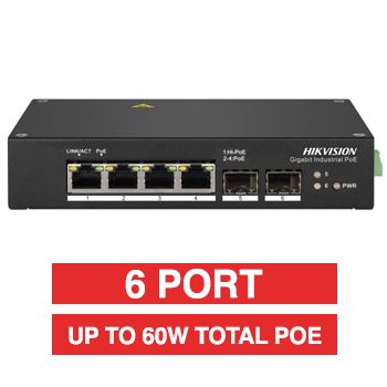 HIKVISION, 6 Port Industrial POE network switch, Non-managed, 4x 10/100Mbps PoE ports (1x Hi-PoE), 1x 1000Mbps uplink, 1x SFP Uplink port,Total POE power up to 60W, IEEE802.3af/at, 48-57V DC,