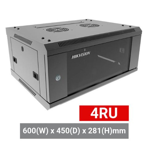 HIKVISION, 4RU 19" Rack Cabinet, Wall mount, 600 (w) x 450 (d) x 281mm (h), With glass door and front vent, Dark grey,  NO SHELF INCLUDED