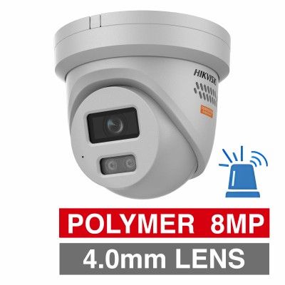 HIKVISION, 8MP Anti-Corrosion G2 HD-IP outdoor Turret camera w/ 2-way audio, strobe & audible alarm (LiveGuard), Beige, 4.0mm fixed lens, 30m IR, WDR, Microphone, I/O (Alarm & Audio), IP68, 12V DC/POE