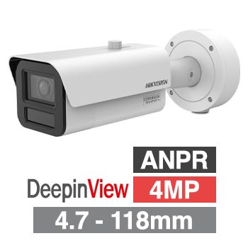 HIKVISION, 4MP DeepinView HD-IP outdoor ANPR Bullet camera, White, 4.7-118mm motorised zoom lens, Built-in Gyro, 60fps, 200m IR, WDR, I/O, 1/2.5&rdquo; CMOS, H.265+, IP67, IK10, 12V DC/24V AC/POE
