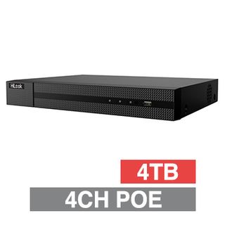 HILOOK, HD-IP PoE NVR, 4 channel POE (802.3af/at), 40Mbps bandwidth, 1x 4TB SATA HDD (up to 1x 6TB), VMD, USB/Network backup, Ethernet, 2x USB2.0, 1 Audio In/Out, HDMI/VGA (simultaneous), Smartphone