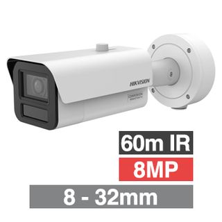 HIKVISION, 8MP HD-IP Vandal Bullet camera, White, 8-32 vari-focal lens, 60m IR, 120dB WDR, Day/Night (ICR), 1/1.8" CMOS, Face recognition, H.265/265+, IP67, IK10, 12V DC/24V AC/PoE