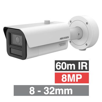 HIKVISION, 8MP HD-IP Vandal Bullet camera, White, 8-32 vari-focal lens, 60m IR, 120dB WDR, Day/Night (ICR), 1/1.8" CMOS, Face recognition, H.265/265+, IP67, IK10, 12V DC/24V AC/PoE
