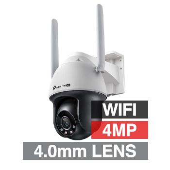 TP LINK, 4MP EasyCam HD-IP WIFI outdoor PT (Pan/Tilt) camera w/ 2-way audio, White, 4.0mm lens, 30m IR, 30m White LED, DWDR, Microphone/Speaker, I/O (Alarm & Audio), IP66, 12V DC, Suits Solar setup