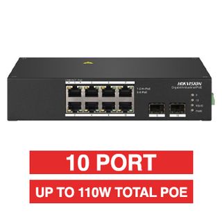 HIKVISION, 10 Port Industrial POE network switch, Non-managed, 8x 10/100/1000Mbps PoE ports (1x Hi-PoE), 2x SFP Uplink port,Total POE power up to 110W, IEEE802.3af/at, 48-57V DC,