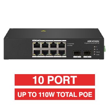 HIKVISION, 10 Port Industrial POE network switch, Non-managed, 8x 10/100/1000Mbps PoE ports (1x Hi-PoE), 2x SFP Uplink port,Total POE power up to 110W, IEEE802.3af/at, 48-57V DC,