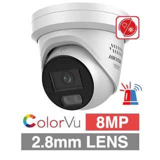 HIKVISION, 8MP AI Smart Hybrid ColorVu G3 HD-IP outdoor Turret camera w/2-way audio, R/B strobe & audible alarm (LiveGuard), White, 2.8mm lens, 30m White LED, WDR, I/O (Alarm&Audio), IP67, 12V DC/POE