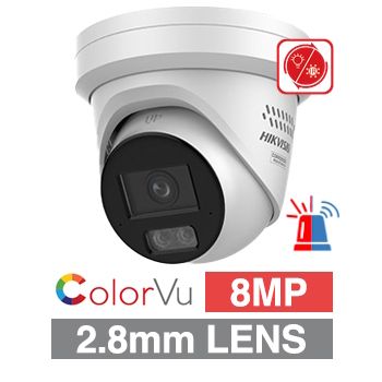 HIKVISION, 8MP AI Smart Hybrid ColorVu G3 HD-IP outdoor Turret camera w/2-way audio, R/B strobe & audible alarm (LiveGuard), White, 2.8mm lens, 30m White LED, WDR, I/O (Alarm&Audio), IP67, 12V DC/POE