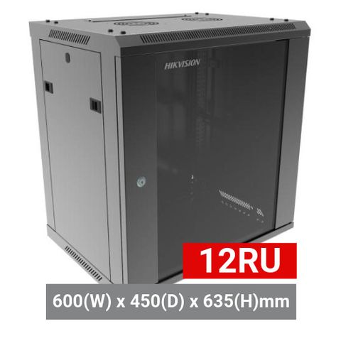 HIKVISION, 12RU 19" Rack Cabinet, Wall mount, 600 (w) x 450 (d) x 637mm (h), With glass door and front vent, Dark grey,  DO NOT USE WITH DVRs,