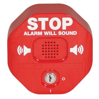 STI, Exit Stopper, RED, Unit reads "Stop Alarm Will Sound", Visual alarm, Key resettable, Opt 15 sec delay, Relay output, 9V Alkaline or 12/24V DC,