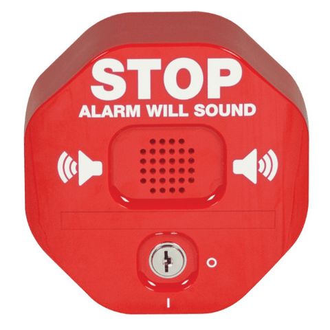 STI, Exit Stopper, RED, Unit reads "Stop Alarm Will Sound", Visual alarm, Key resettable, Opt 15 sec delay, Relay output, 9V Alkaline or 12/24V DC,