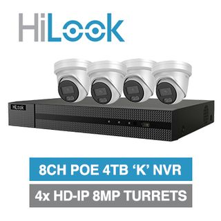 HILOOK, 8 channel IntelliSense HD-IP turret 8MP kit, Includes 1x NVR-108MH-K/8P(B)-4TPRO 8ch POE NVR w/ 4TB HDD & 4x IPC-T381H-MU-2.8 8MP IP IR turret cameras w/ 2.8mm fixed lens