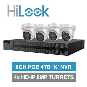HILOOK, 8 channel IntelliSense HD-IP turret 8MP kit, Includes 1x NVR-108MH-K/8P(B)-4TPRO 8ch POE NVR w/ 4TB HDD & 4x IPC-T381H-MU-2.8 8MP IP IR turret cameras w/ 2.8mm fixed lens