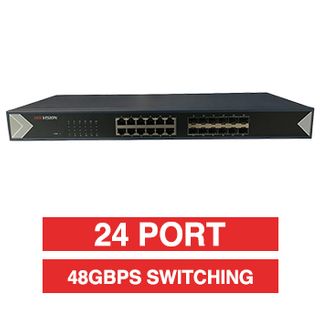 HIKVISION, 24 Port Combo network switch, Non-POE, Unmanaged, 12x Gbps RJ45 ports, 12x Gigabit SFP ports, Supports ADI/ADIX, 48 Gbps switching capacity,