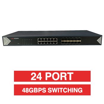 HIKVISION, 24 Port Combo network switch, Non-POE, Unmanaged, 12x Gbps RJ45 ports, 12x Gigabit SFP ports, Supports ADI/ADIX, 48 Gbps switching capacity,