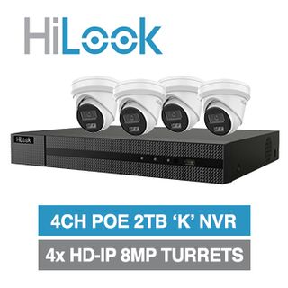 HILOOK, 4CH IntelliSense HD-IP turret 8MP KPro kit, Includes 1x NVR-104MH-K/4P-2TPro 4ch POE NVR w/ 2TB HDD & 4x IPC-T381H-MU-2.8 8MP IP IR turret cameras w/ 2.8mm fixed lens