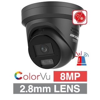 HIKVISION, 8MP AI Smart Hybrid ColorVu G3 HD-IP outdoor Turret camera w/2-way audio, R/B strobe & audible alarm (LiveGuard), Black, 2.8mm lens, 30m White LED, WDR, I/O (Alarm&Audio), IP67, 12V DC/POE