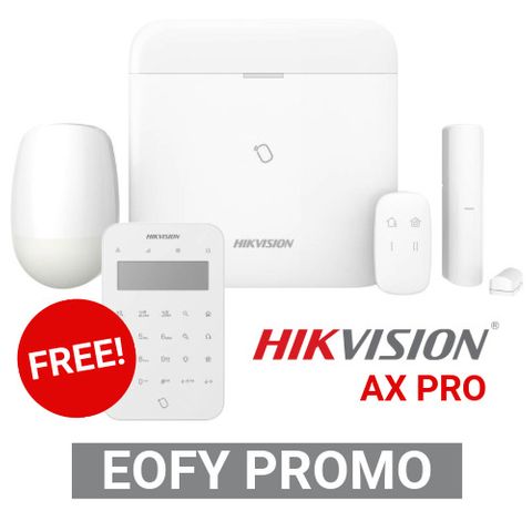 HIKVISION EOFY AX PRO PROMO, Includes 1x DS-PWA96-KIT-WB/12V/AUS (AX Pro Wireless Hub, 1x Keyfob, 1x RF PIR, 1x RF Reed, 3x Tags) + 1x FREE DS-PK1-LT-WB (Wireless LCD Keypad)