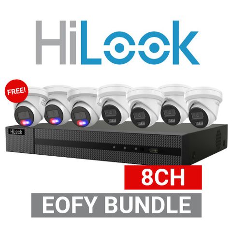 HILOOK EOFY BUNDLE PROMO, Includes 1x NVR-108MH-C/8P-4T 8ch POE 4TB NVR, 4x IPC-T361H-MU-2.8 6MP HD-IP turret cameras, 2x IPC-T269H-MU/SL-2.8 6MP AIO turret cameras + 1x FREE additional T269