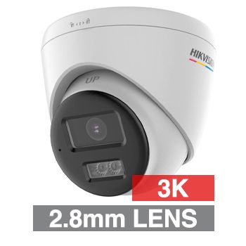 HIKVISION, 3K Analogue HD ColorVu outdoor Turret camera, White, 2.8mm fixed lens, TVI, 40m IR & White Light, 130dB WDR, Day/Night (ICR), IP67, Tri-axis, 12V DC