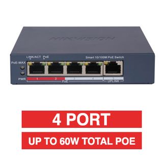 HIKVISION, 4 Port Ethernet POE network switch, Smart managed, 4x 10/100Mbps PoE ports, 1x 10/100Mbps Uplink port, Max port output 60W power, Total POE power up to 60W, IEEE802.3af/at