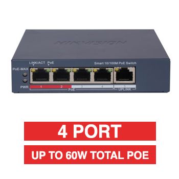 HIKVISION, 4 Port Ethernet POE network switch, Smart managed, 4x 10/100Mbps PoE ports, 1x 10/100Mbps Uplink port, Max port output 60W power, Total POE power up to 60W, IEEE802.3af/at