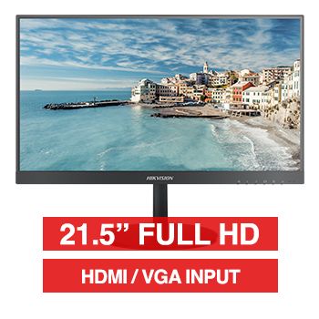 HIKVISION, 21.5" LED 16:9 Colour Monitor (Black), Full HD 1920x1080 resolution, 6.5ms response, 3000:1 contrast ratio, HDMI/VGA input, 75x75 VESA mount, Includes desk stand,