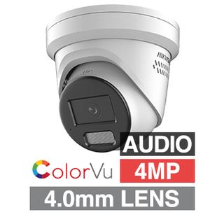 HIKVISION, 4MP ColorVu G2 HD-IP outdoor Turret camera w/ 2-way audio, strobe & audible alarm (LiveGuard), White, 4.0mm fixed lens, 30m White LED, WDR, Microphone, I/O (Alarm & Audio), IP67, 12V DC/POE