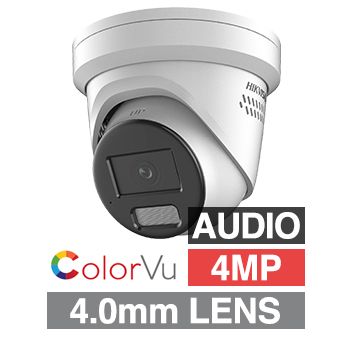 HIKVISION, 4MP ColorVu G2 HD-IP outdoor Turret camera w/ 2-way audio, strobe & audible alarm (LiveGuard), White, 4.0mm fixed lens, 30m White LED, WDR, Microphone, I/O (Alarm & Audio), IP67, 12V DC/POE