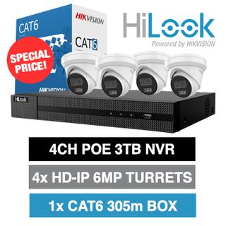 HILOOK, 4 channel IntelliSense HD-IP turret 6MP kit, Incl. 1x NVR-104MH-C/4P-3T 4ch POE NVR w/ 3TB HDD, 4x IPC-T262H-MU 6MP IP IR turret cameras w/ 2.8mm fixed lens, 1x HIKVISION Cat6 cable 305m box