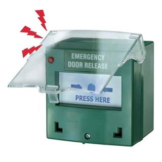 NETDIGITAL, Call point, GREEN, BLUE LED backlight, Unit reads "Emergency Door Release", Call point reads "Press Here", Key resettable, 2 pole, Protective cover, Buzzer and Alarm output,