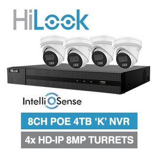 HILOOK, 8 channel IntelliSense HD-IP turret 8MP kit, Includes 1x NVR-108MH-K/8P(B)-4T 8ch POE NVR w/ 4TB HDD & 4x IPC-T381H-MU-2.8 8MP IP IR turret cameras w/ 2.8mm fixed lens