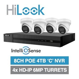 HILOOK, 8 channel IntelliSense HD-IP turret 6MP kit, Includes 1x NVR-108MH-C/4P-4T 8ch POE NVR w/ 4TB HDD & 4x IPC-T361H-M-2.8 6MP IP IR turret cameras w/ 2.8mm fixed lens