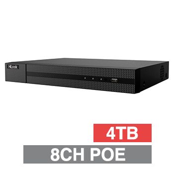 HILOOK, HD-IP PoE NVR, 8 channel POE (802.3af/at), 80Mbps bandwidth, 1x 4TB SATA HDD (up to 1x 6TB), VMD, USB/Network backup, Ethernet, 2x USB2.0, 1 Audio In/Out, HDMI/VGA (simultaneous), Smartphone